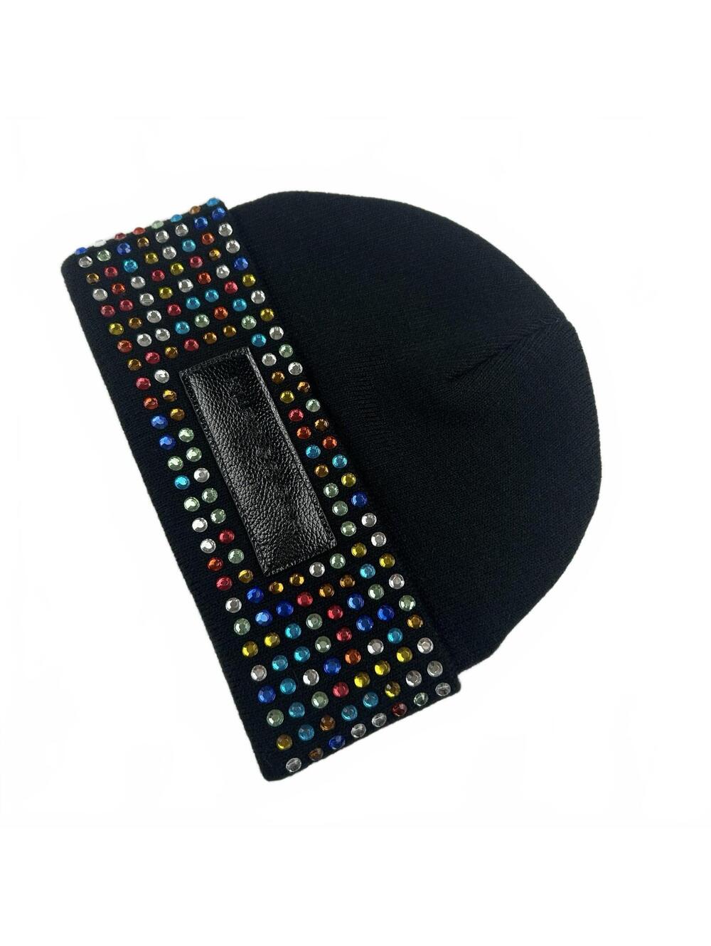 NWOT Kurt Geiger Black Knit Beanie Hat Multicolor Rhinestone Studded One Size